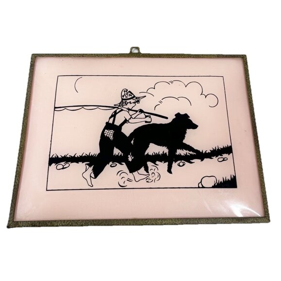 VTG Silhouette Reverse Painting Convex Bubble Glass Farm Boy Fishing W/dog EUC